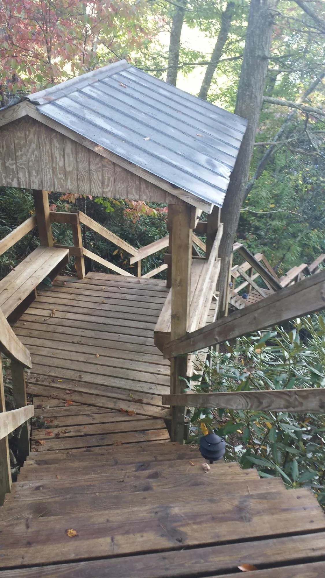 Metal roofed shelter over wooden steps on a wooded walkway — Skylight Repair & Installation work by our crew in Riva